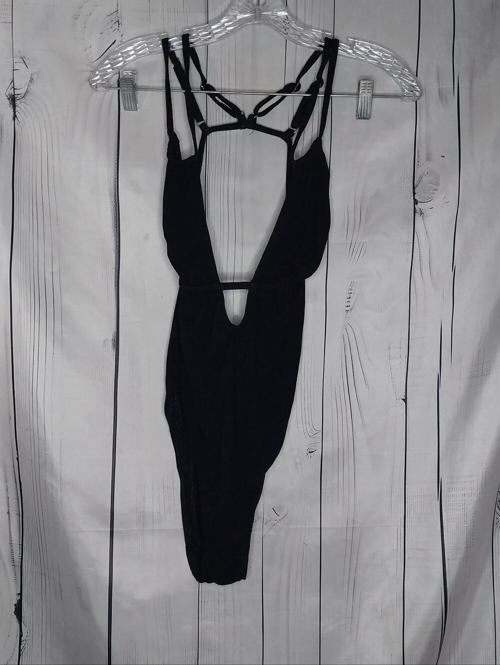 Anthropologie Black Ribbed Strappy Plunge Open Back Both Alt Indie Bodysuit